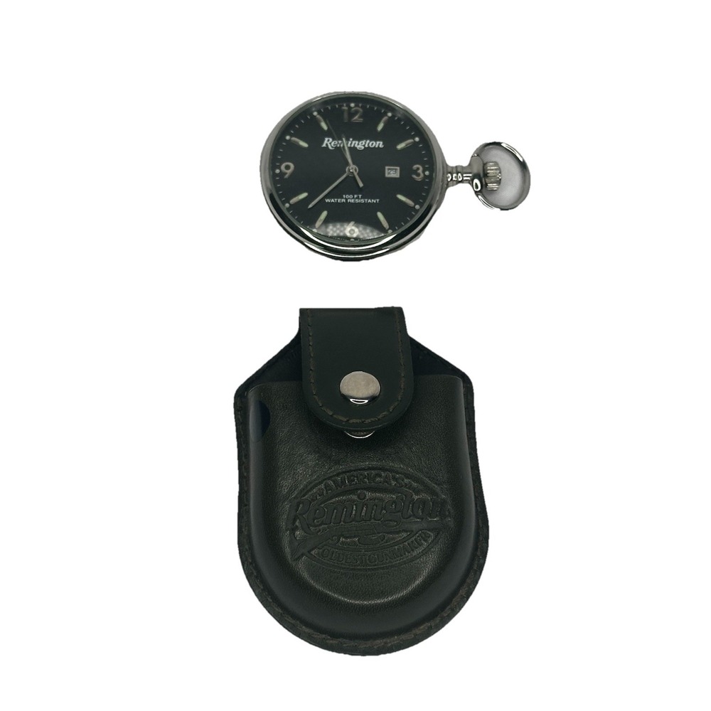 Vintage Remington Quartz Pocket Watch In Leatherโ Pouch Cover Black Dial